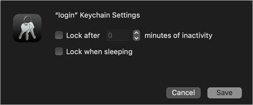 Applications → Utilities → Keychain Access → Default Keychains → Login → Change Settings for Keychain → Save