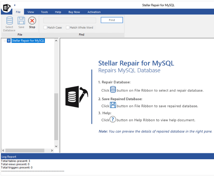 Tool initiates database scan and repair process.