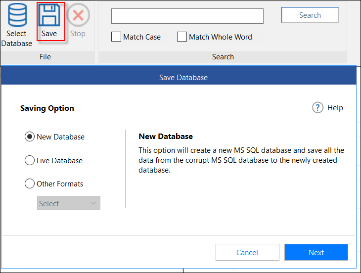Options for saving selected data in Stellar Repair for MS SQL: New Database, Live Database, CSV, Excel, and HTML formats.