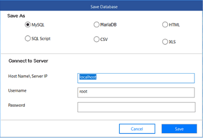 Select data format (MySQL, Maria DB, HTML, SQL Script, CSV, XLS), enter credentials of database, and save by pressing Save button