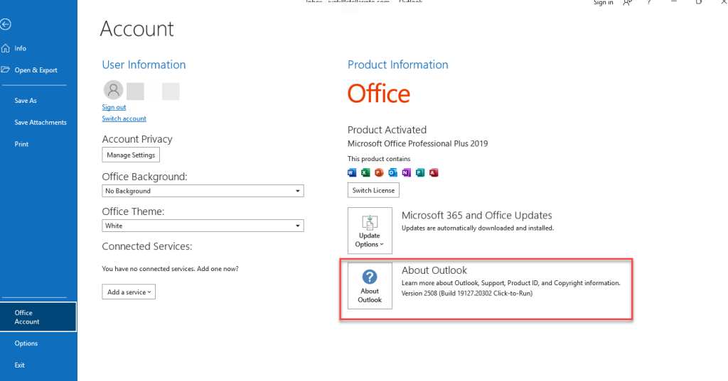 Click File > Office Account.