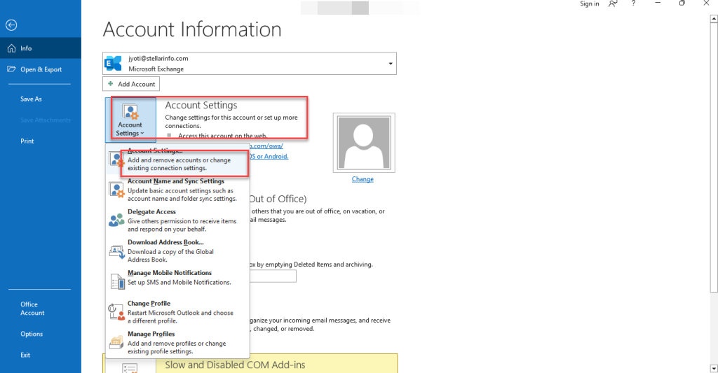Go to File > Account Settings > Account Settings