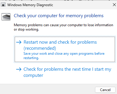 Restart now in the Windows Memory Diagnostic window