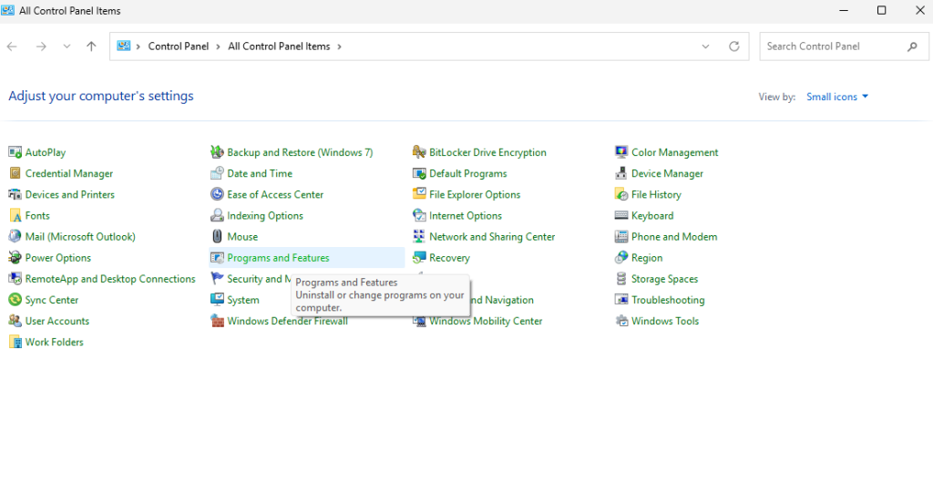 Choose Programs and Features option