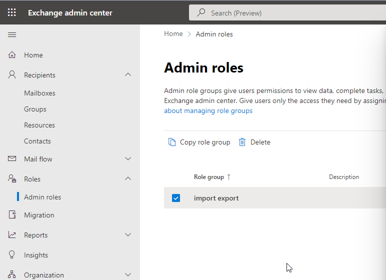 Navigate to Admin Roles under Roles and opt for import-export from the available choices