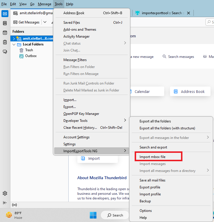 Import MBOX file into Thunderbird though Import options 