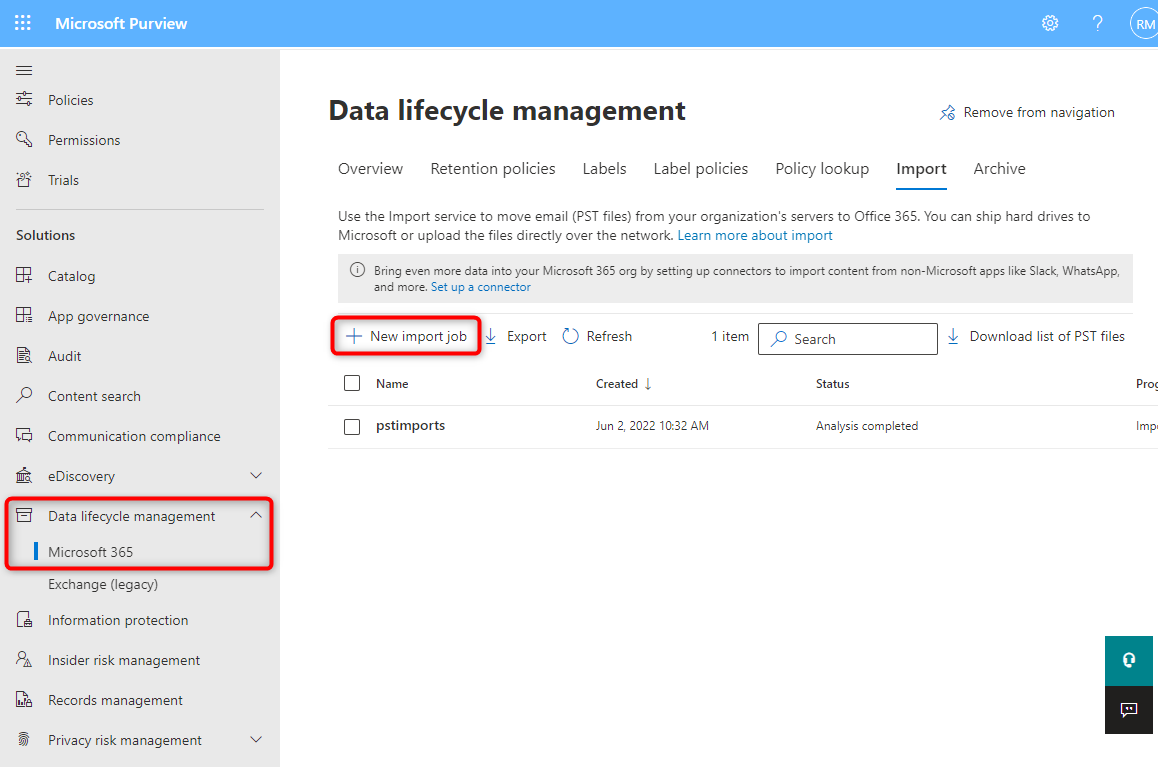 Access Data Lifecycle Management in Microsoft 365 dashboard, proceed to Import under Microsoft 365. Initiate a new import job by clicking +New import job