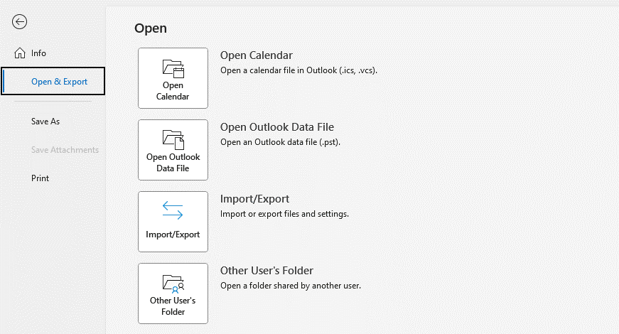 Go to File > Open & Export > Import/Export to launch the Outlook Import Export wizard. 