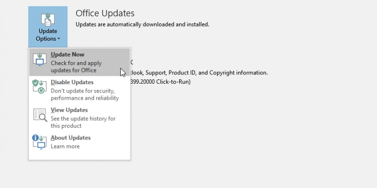 Use update now option to update the Outlook desktop