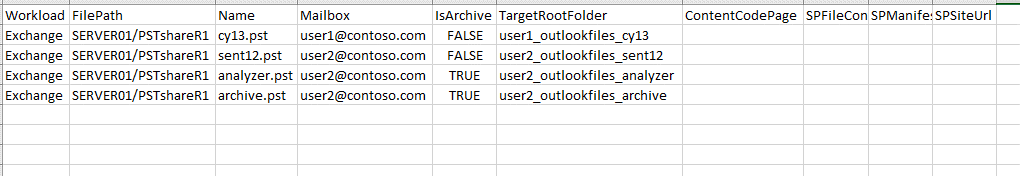 Proceed to the following screen: upload CSV mapping file linking PSTs to Office 365 user mailboxes. Utilize provided sample CSV, input FilePath, Name, Mailbox, and TargetRootFolder details