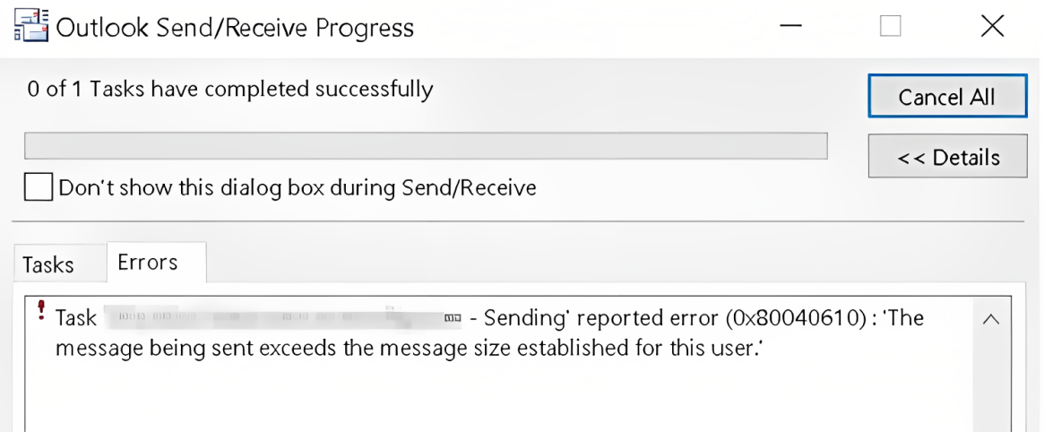 Outlook send receive progress reported error 0x80040610 