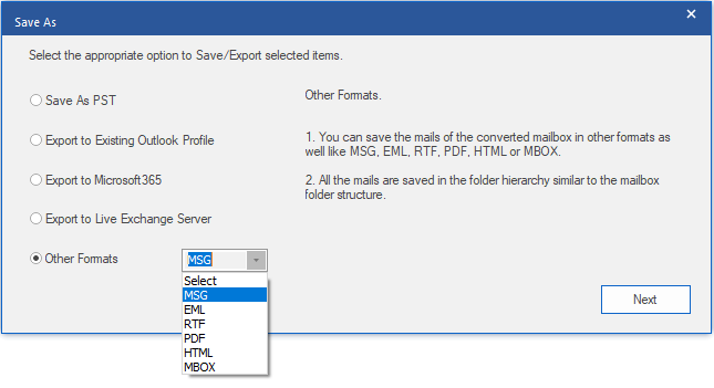 Stellar Converter for OST Technician Saving options, select MBOX