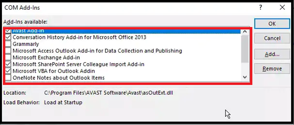 Uncheck or clear checkboxes against all add-ins and click OK.
