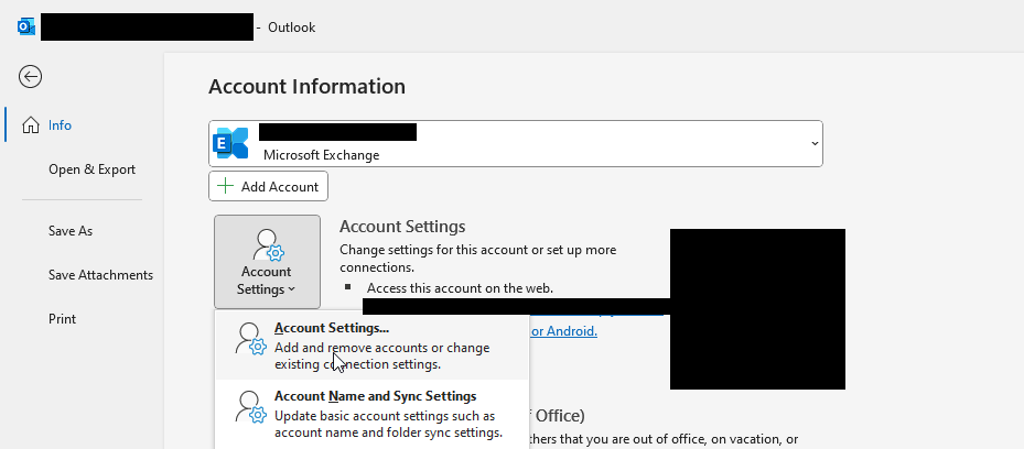 •Open MS Outlook and click on File > Info > Account Settings > Account Settings.