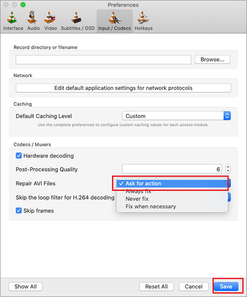 Under “Damaged or incomplete AVI file,” choose Always Fix. Click Save