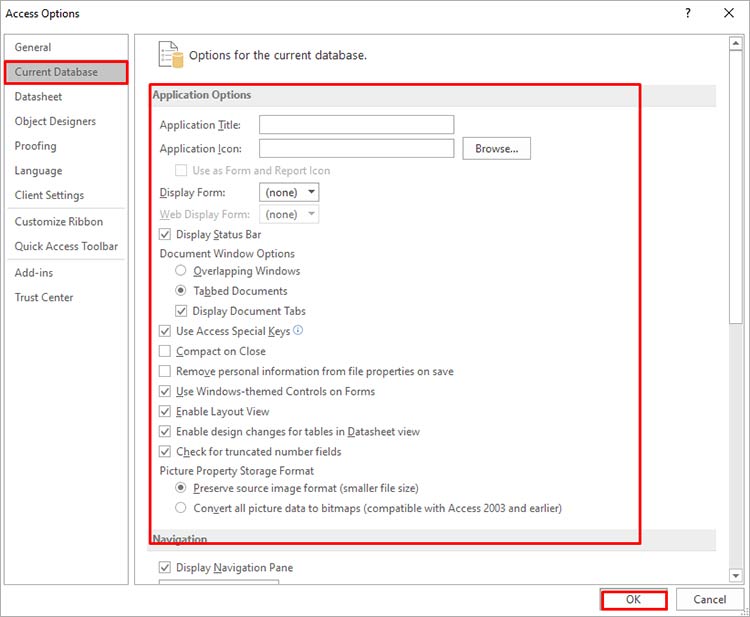 Application Options Settings