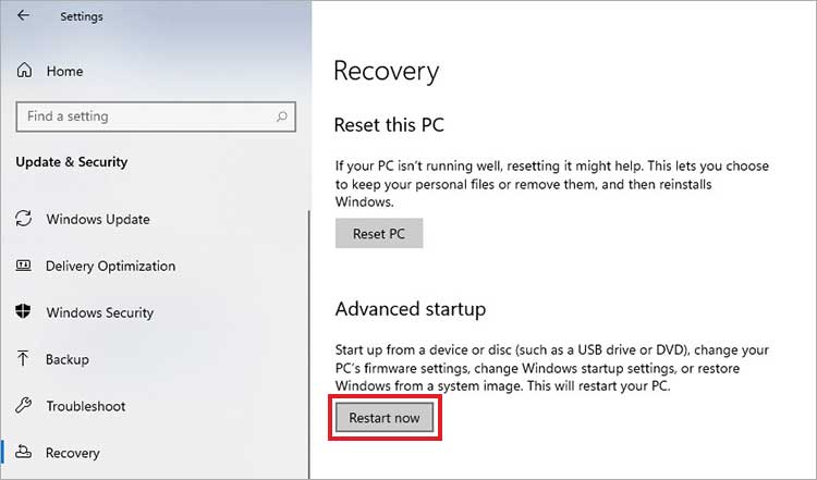 click-Restart-now-under-Advanced-Startup--option-in-Settings
