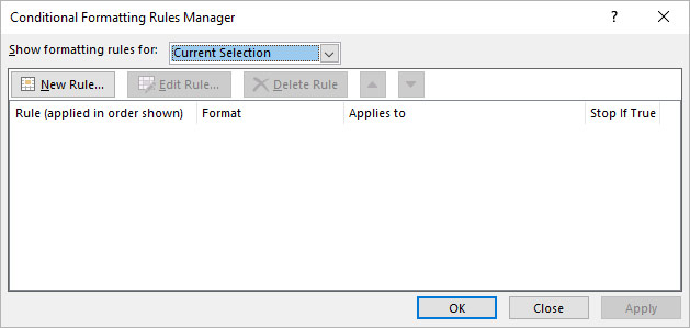 View the Conditional Formatting Rules Manager displaying formatting rules; remove unnecessary rule using Delete Rule option