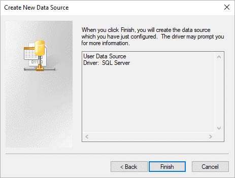 Selecting SQL server driver and finishing the data source creation