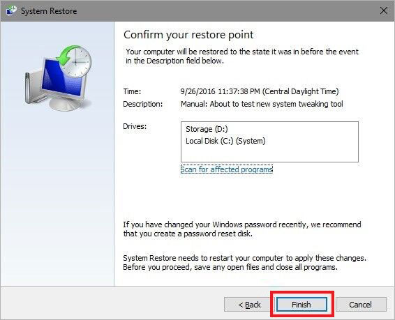 click finish to complete system restore process 1