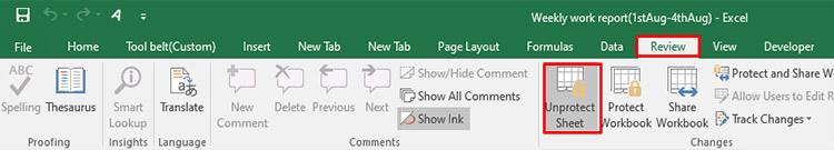Excel Review Tab - Accessing Unprotect Sheet Option - Learn how to navigate to the Review tab in Excel and click on the 'Unprotect Sheet' function to unlock protected content.
