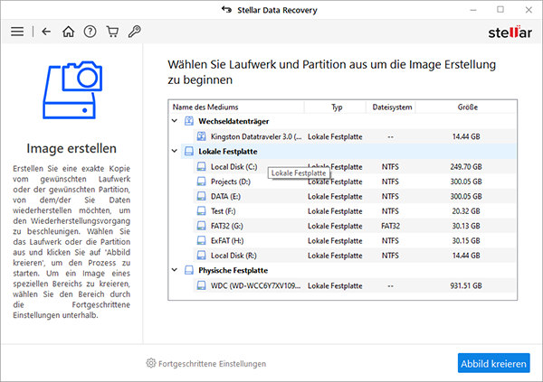 Wählen Sie das Laufwerk oder eine bestimmte Partition aus, um das Image zu erstellen.