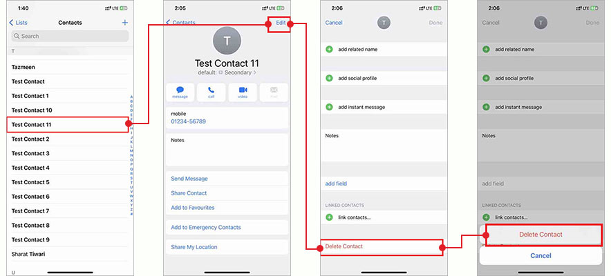 delete a single contact on iPhone through Edit function