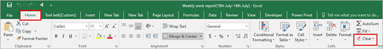 Clicking Clear in the Home tab of the Excel ribbon