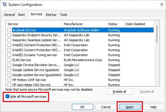 hide all microsoft services disable all and click Applu