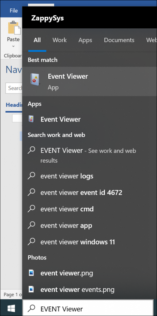 Instructions to detect errors and open Event Viewer on Windows OS