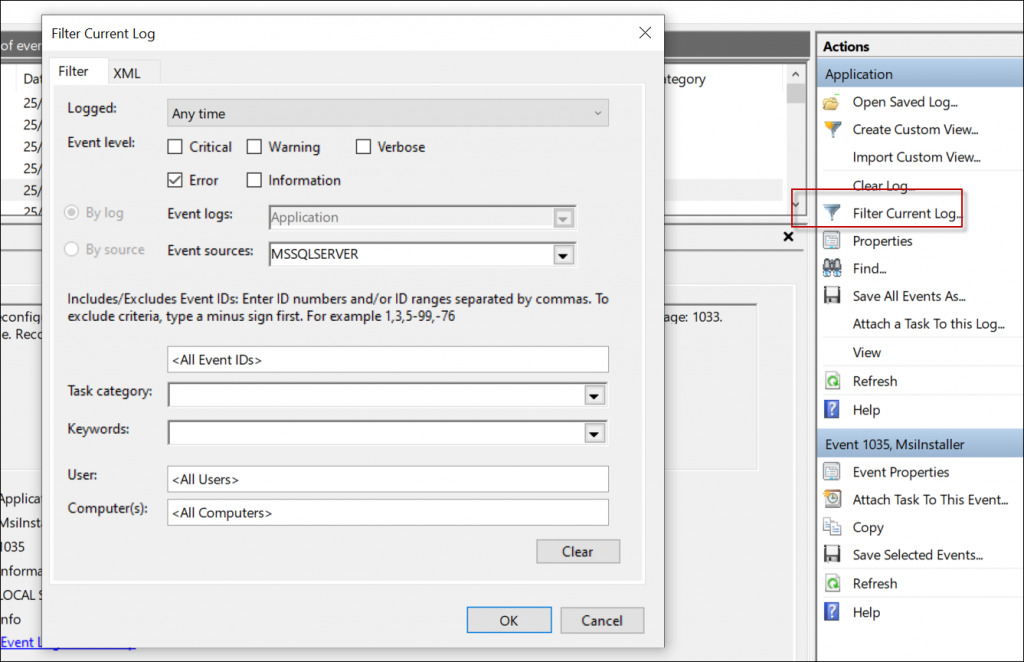 Navigating to Windows Logs > Application in Event Viewer and using Filter options to locate errors.