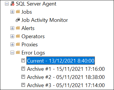 Screenshot of SQL Server Error Log in SQL Server Management Studio (SSMS) showing error message and steps to access logs.