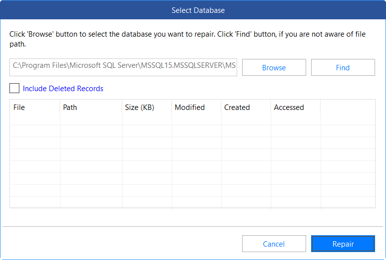 Opting to recover deleted rows by selecting the Include Deleted Records option. After choosing the database file, initiate the repair process by clicking the Repair button.