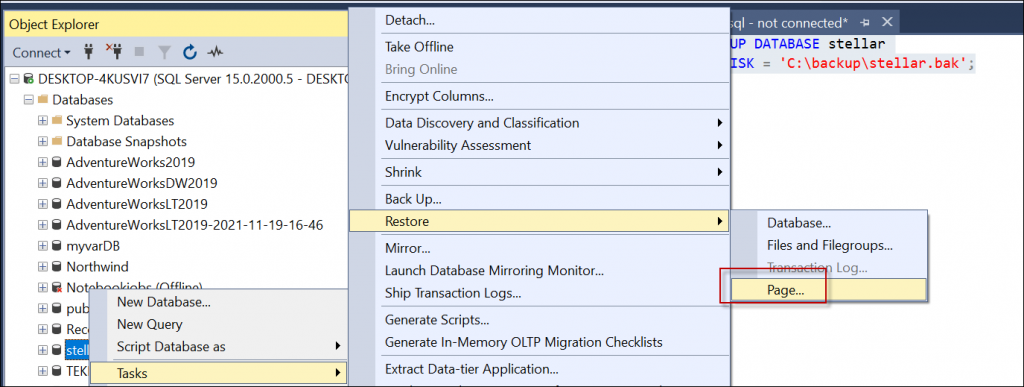 Restoring a single corrupt page using SQL Server Management Studio (SSMS) by navigating to Object Explorer, and selecting Tasks > Restore > Page.