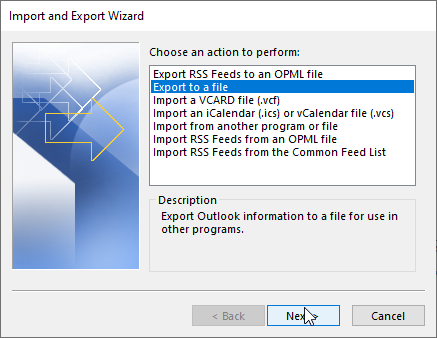 Select Export to a file and click Next.