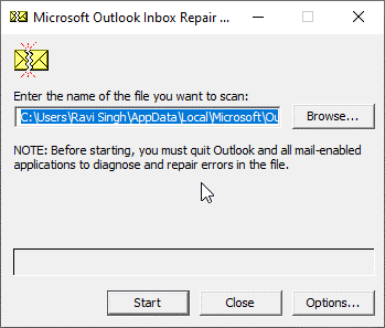 5.Then, click Start. The tool will check the file for errors and inconsistencies.