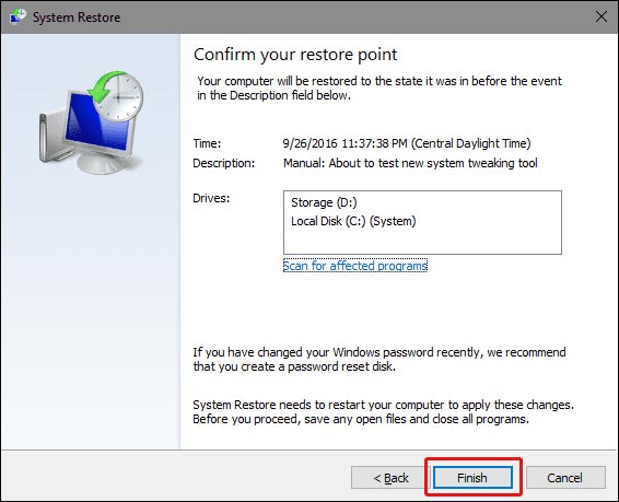 click on finish to start the system restore process and fix the fltmgr.sys bsod error message
