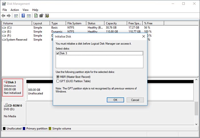 select the partition style and initialize the disk to recover data from an external hard drive that is not detected