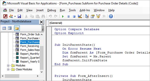 Microsoft Visual Basic for Application editor code under Form_Purchases