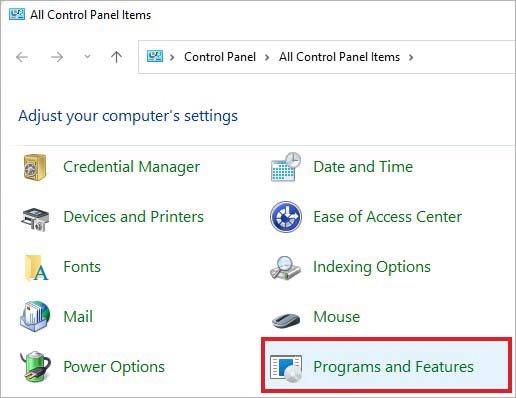 open program and features in control panel