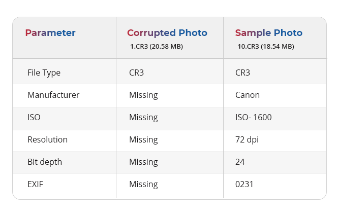 parameter used by sample file to repair corrupt photo