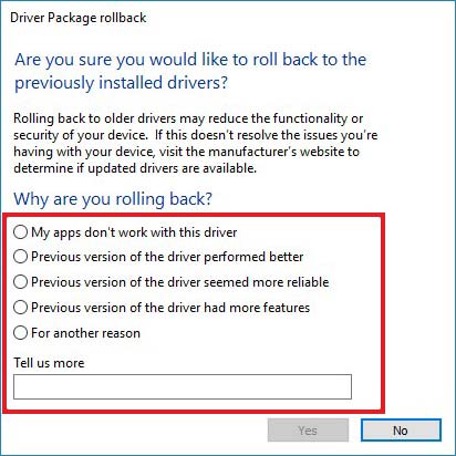 provide reason to roll back driver