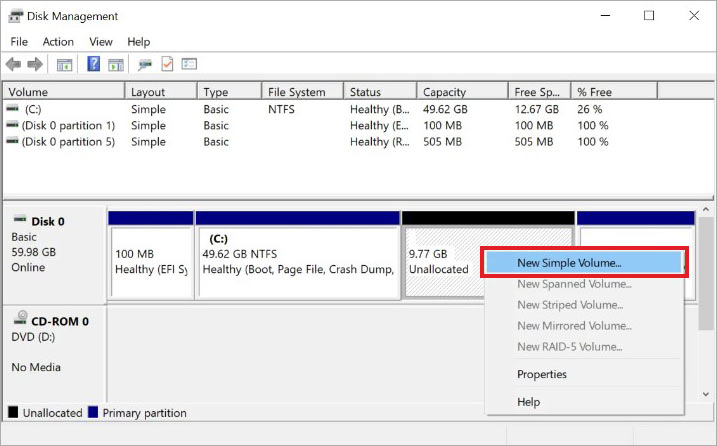 right-click-on-unallocated-or-raw-drive-and-select-New-Simple-VOlume