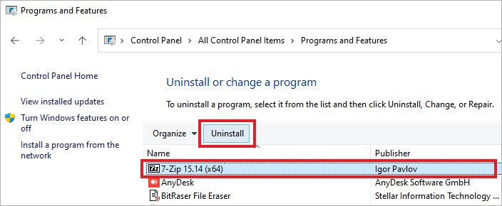 select app to uninstall in control panel