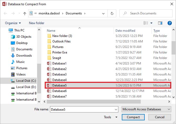 Select Desired Database In Database To Compact Form