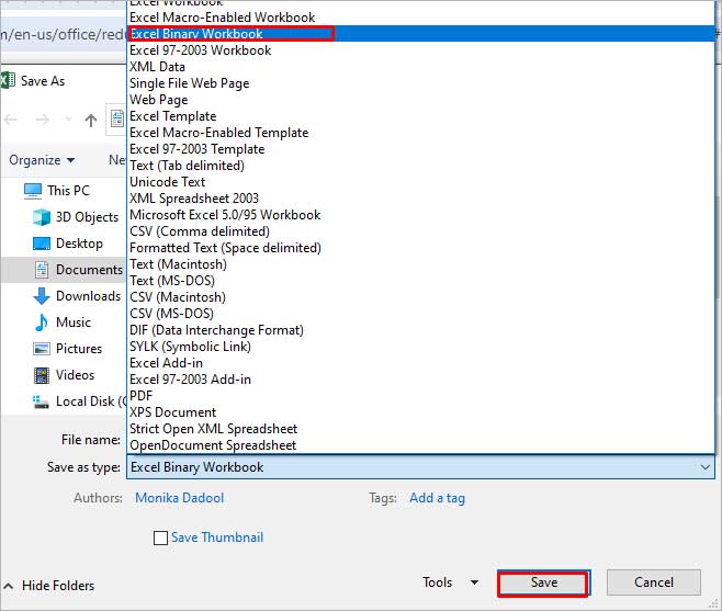 Choose 'Excel Binary Workbook (*.xlsb)' in the Save as Type dialog box for file format selection.