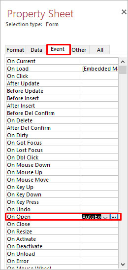 Select Event On Form Property Sheet