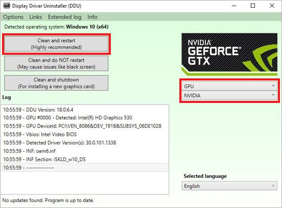 select gpu driver and brand and click clean and restart