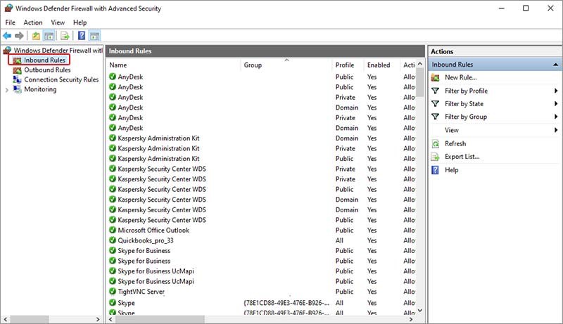 Selecting outbound rules from windows defender firewall