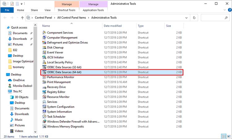 finding  odbc data source from administrative tools window